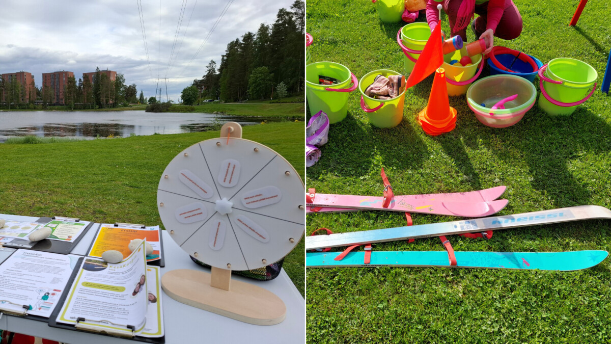 Kaksiosaisessa kuvassa näkyy järvenrantapuisto, jossa pöydällä pyörii palkintopyörä ja vihreällä nurmikolla on värikkäitä leluämpäriä, lumi- ja suksikartioita, mikä viittaa ulkoilupeleihin tai yhteisötapahtumaan.