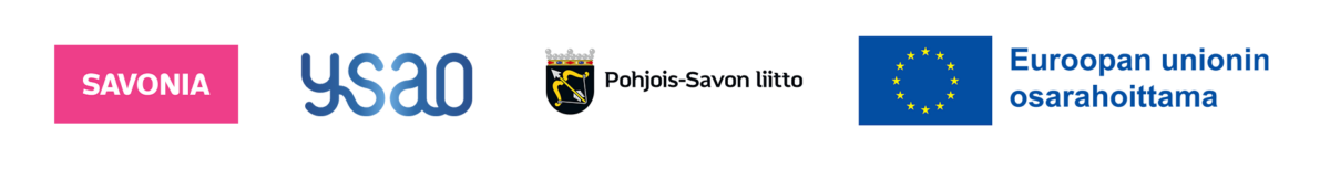 Neljä logoa peräkkäin: Savonia (vaaleanpunainen neliö), YSAO (sininen teksti), Pohjois-Savon liitto (tunnus) sekä EU:n tunnus, jossa on suomenkielinen teksti ”Euroopan unionin osarahoittama”.