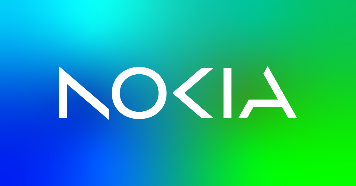 Nokia-logo lihavoiduilla, moderneilla valkoisilla kirjaimilla sinisestä vihreään vaihtuvalla taustalla.