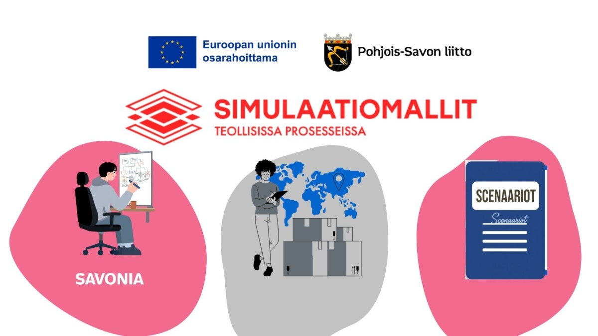 EU:n ja Pohjois-Savon liiton logot, otsikko ”Simulaatiomallit teollisissa prosesseissa” sekä kuvia ihmisistä, laatikoista ja skenaariokirjasta, jossa on Savonia-merkki.
