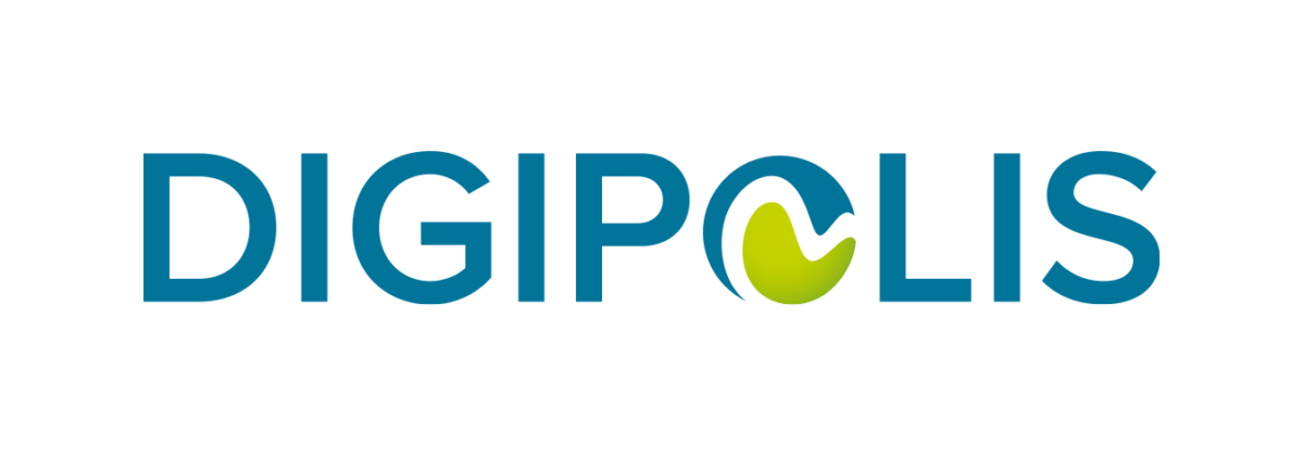 DIGIPOLIS-logo, jossa on siniset isot kirjaimet. O-kirjaimen sisällä on vihreä ja valkoinen abstrakti kuvio, joka muistuttaa aaltoa tai viivaa. Tausta on vaaleanharmaa.