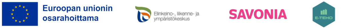 Neljä logoa: EU:n lippu, logo, jossa on suominkielinen teksti ja vihreä kaareva viiva, vaaleanpunainen teksti ”SAVONIA” sekä vihreä kuusikulmio, jossa on pylväsdiagrammi ja teksti ”ETEENO”...