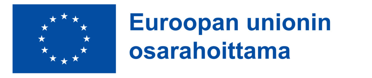 Sininen EU-lippu, jossa on valkoisten tähtien muodostama ympyrä, ja sen vieressä sinisellä kirjoitettu suomenkielinen teksti ”Euroopan unionin osarahoittama”, joka tarkoittaa ”Euroopan unionin osarahoittama”.