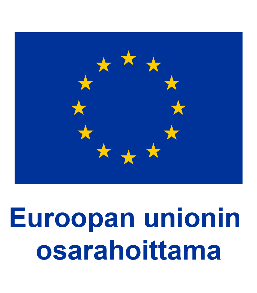 Euroopan unionin lippu, jossa on kaksitoista keltaista tähteä ympyrässä sinisellä taustalla. Sen alla on suomenkielinen teksti: Euroopan unionin osarahoittama...