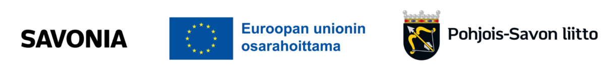 Savonian logot, Euroopan unionin logo, jossa on teksti ”Euroopan unionin osarahoittama”, sekä Pohjois-Savon liiton logo, jossa on musta-keltainen vaakuna, jossa on miekka ja käsi.