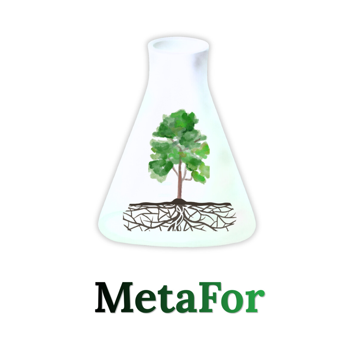 Vesivärimaalaus puusta, jonka juuret ovat laboratoriopullon sisällä. Alhaalla on sana ”MetaFor”, jossa ”Meta” on mustalla ja ”For” vihreällä.
