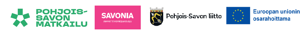Viisi logoa peräkkäin: Pohjois-Savon Matkailu, Savonia-yliopisto, Pohjois-Savon liitto (vaakunalla) sekä Euroopan unioni, jossa on tekstiä suomeksi.