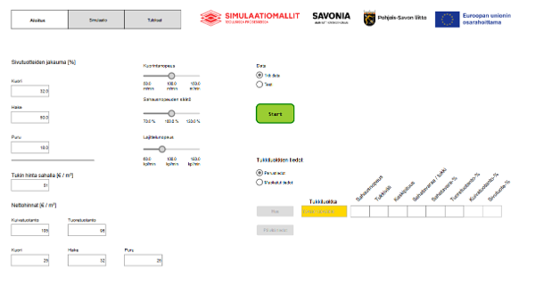 Simulointityökalun verkkokäyttöliittymä, jossa on syöttökenttiä, liukusäätimiä, vihreä Käynnistä-painike sekä yläreunassa Savonian, Pohjois-Savon liiton ja Euroopan unionin logot.