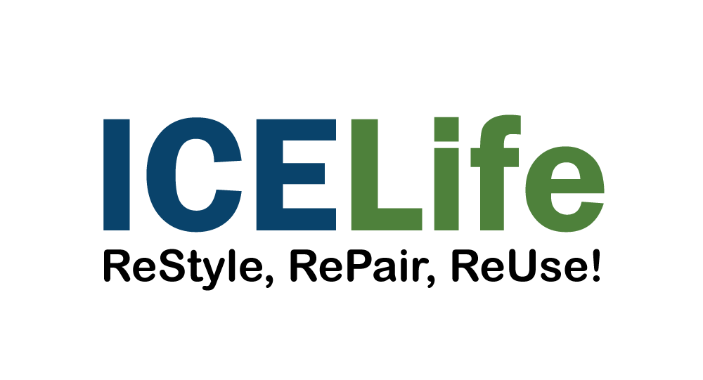 Kuvassa näkyy teksti ”ICELife”, jossa ”ICE” on tummansininen ja ”Life” vihreä. Sen alla lukee mustilla kirjaimilla ”ReStyle, RePair, ReUse!”. Tausta on valkoinen.