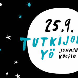 Musta tausta, jossa on valkoisia ja sinisiä tähtiä. Keskellä suuri valkoinen ympyrä, jossa on sinistä ja mustaa tekstiä: 25.9. Tutkijoiden Yö Joensuu Kuopio. Oikeassa yläkulmassa hakukuvake, valikkokuvake ja Facebook-kuvake.