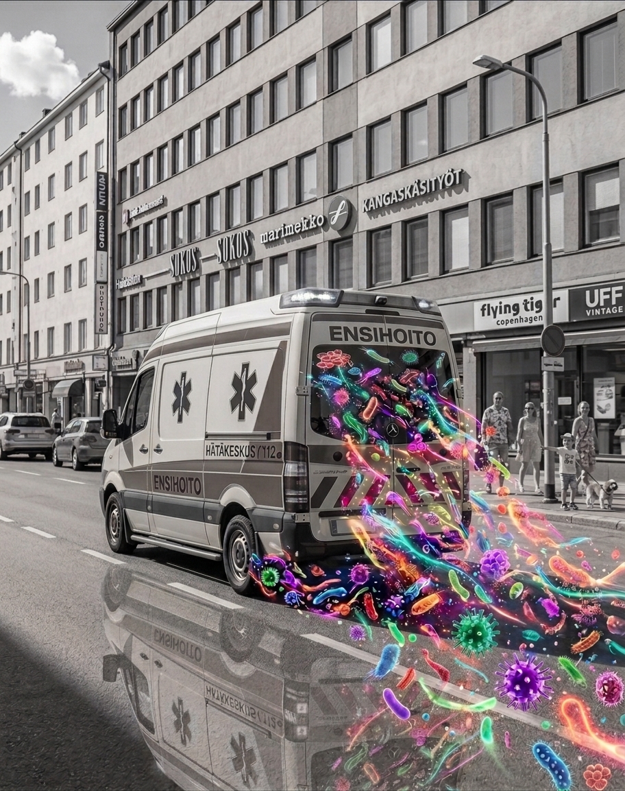 Mustavalkoinen katu, jolla on värikäs ambulanssi, josta tulvii kirkkaita, kuvitettuja bakteereja ja viruksia tielle, sekoittaen fantasiaa ja todellisuutta.