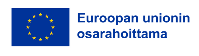EU:n lippu, jossa on kaksitoista keltaista tähteä ympyrässä sinisellä taustalla, ja sen vieressä suomenkielinen teksti: ”Euroopan unionin osarahoittama”, eli ”Euroopan unionin yhteisrahoittama”.