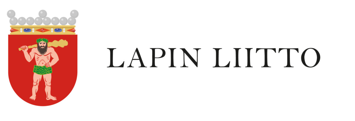 Logo, jossa on punainen kilpi, jonka keskellä on parrakas mies, joka pitelee nuijaa ja kukkakimppua. Kilven vieressä on teksti ”LAPIN LIITTO” mustilla isoilla kirjaimilla valkoisella taustalla.
