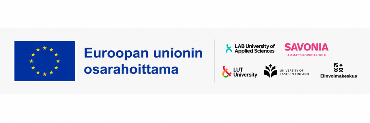 EU:n lippu, jossa on suomenkielinen teksti ”Euroopan unionin osarahoittama”, sekä LAB-ammattikorkeakoulun, Savonian ammattikorkeakoulun, LUT-yliopiston, Itä-Suomen yliopiston ja ELY-keskuksen logot.