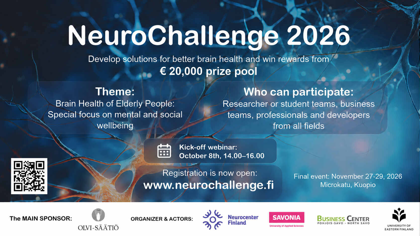 NeuroChallenge 2026 -tapahtuman juliste, jossa esitellään 20 000 euron palkintopotti, ikääntyvien aivojen terveyttä käsittelevä teema, ilmoittautumistiedot, verkkoseminaarin päivämäärä ja sponsorit; taustalla on kuva aivosolusta.