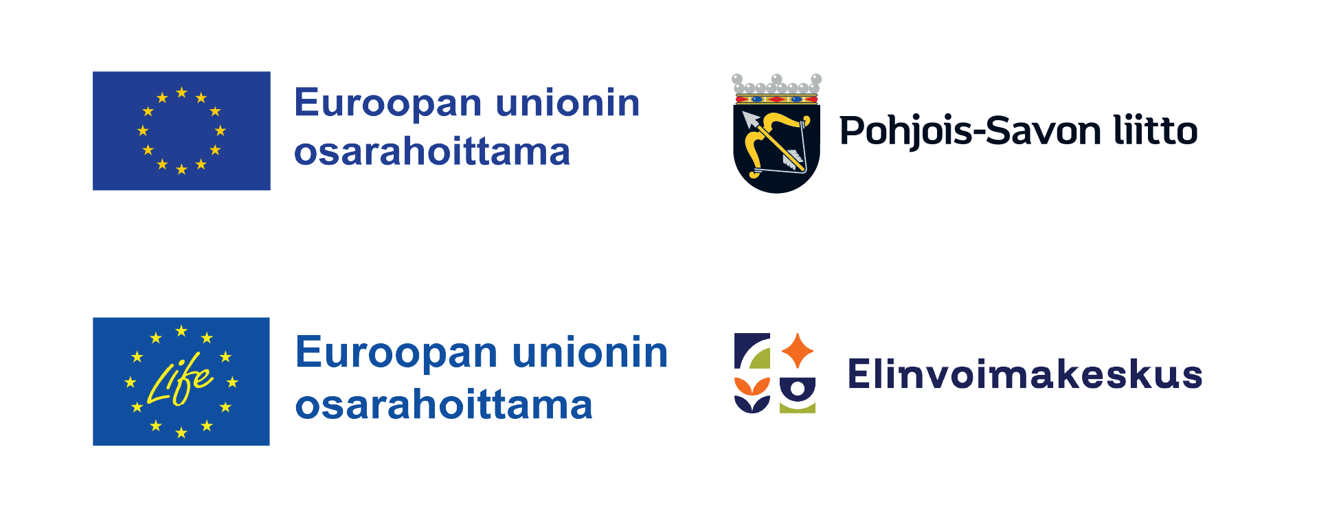 Kaksi EU-logoa, joissa on suomenkielistä tekstiä. Yläkuva: ”Euroopan unionin rahoittama”, Pohjois-Savo-vaakuna, Pohjois-Savon liitto. Alakuva: EU:n LIFE-logo, ”Euroopan unionin rahoittama”, Elinvoimakeskuksen logo ja nimi.