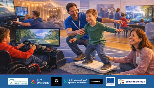 Hymyilevä perhe pelaa yhdessä videopelejä; poika tasapainoilee laudalla, mies ohjaa häntä ja nainen kannustaa häntä. Toinen lapsi pelaa lähellä kilpa-ajopeliä. Alareunassa näkyy eri järjestöjen logoja.