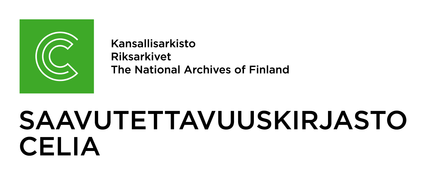 Vihreä logo, jossa on valkoinen C-kirjain, sekä teksti: Kansallisarkisto, Riksarkivet, Suomen kansallisarkisto. Saavutettavuuskirjasto Celia.