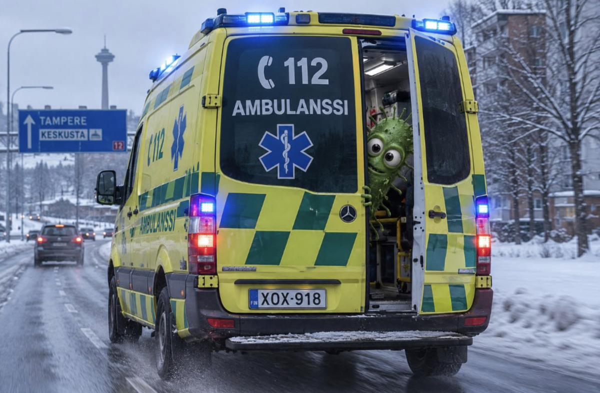Vihreä sarjakuvamainen bakteerihahmo kurkistaa ulos kelta-vihreän suomalaisen ambulanssin avoimista takaovista, kun ajoneuvo kulkee lumisella tiellä.