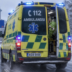 Vihreä sarjakuvamainen bakteerihahmo kurkistaa ulos kelta-vihreän suomalaisen ambulanssin avoimista takaovista, kun ajoneuvo kulkee lumisella tiellä.