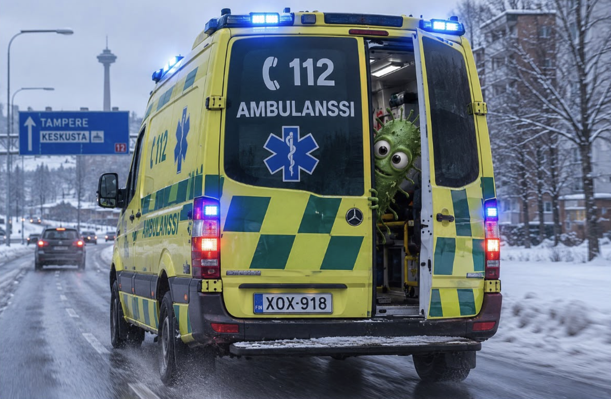 Vihreä sarjakuvamainen bakteerihahmo kurkistaa ulos kelta-vihreän suomalaisen ambulanssin avoimista takaovista, kun ajoneuvo kulkee lumisella tiellä.