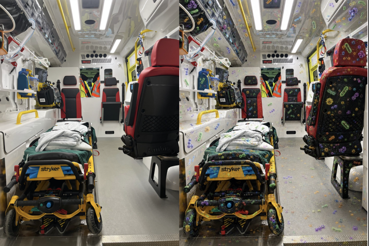 Rinnakkaisnäkymä ambulanssin sisätiloista: vasemmalla on esitetty vakiovarustelu ja oikealla sama sisustus, joka on peitetty värikkäillä bakteerikuvakkeilla.