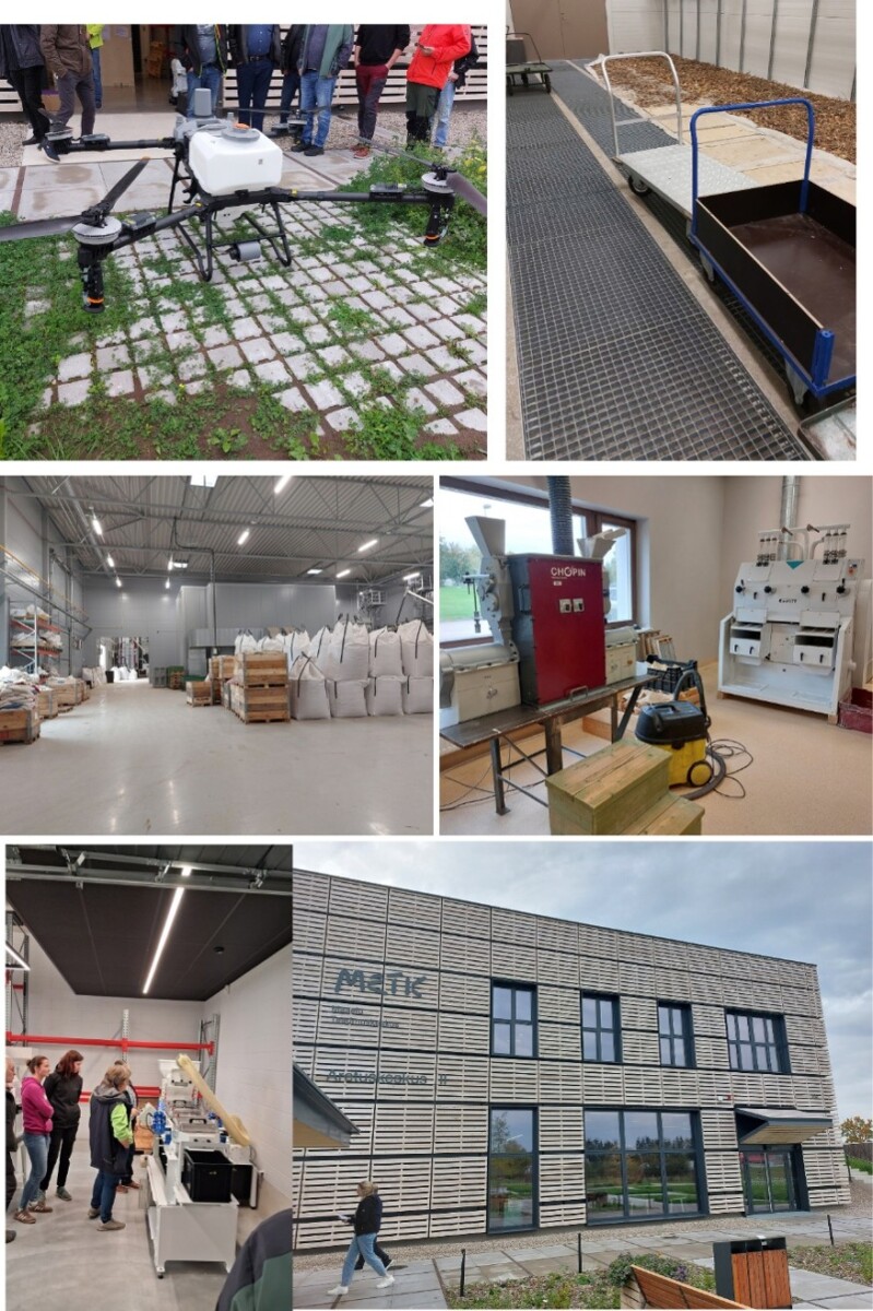 Kuusiosainen kollaasi, jossa näkyy suuri maatalouskäyttöön tarkoitettu drone, metallikärry ritilälattialla, varasto, jossa on viljasäkkejä, laboratoriolaitteita, joukko ihmisiä tarkkailemassa koneita sekä moderni toimistorakennus.
