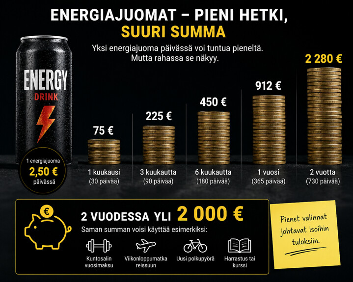 Infograafi, joka kuvaa yhden energiajuoman päivittäisen kulutuksen kumulatiivisia kustannuksia kahden vuoden ajalta; kustannukset on kuvattu kasvavina kolikkopinoina sekä esimerkkeinä siitä, mihin rahaan voisi käyttää.