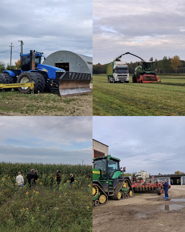 Kollaasi, jossa näkyy sininen New Holland -traktori, vihreä traktori, joka kerää satoa kuorma-autoon, joukko ihmisiä seisomassa auringonkukkapellolla sekä vihreä John Deere -traktori lisälaitteineen.