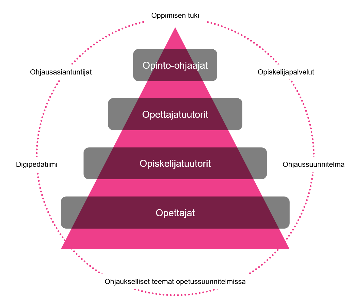 Pyramidikaavio, jonka otsikko on Oppimisen tuki ja jota ympäröi pisteviivainen ympyrä; kaaviossa on lueteltu tasot ylhäältä alas: opinto-ohjaajat, opettajatuutorit, opiskelijatuutorit ja opettajat.