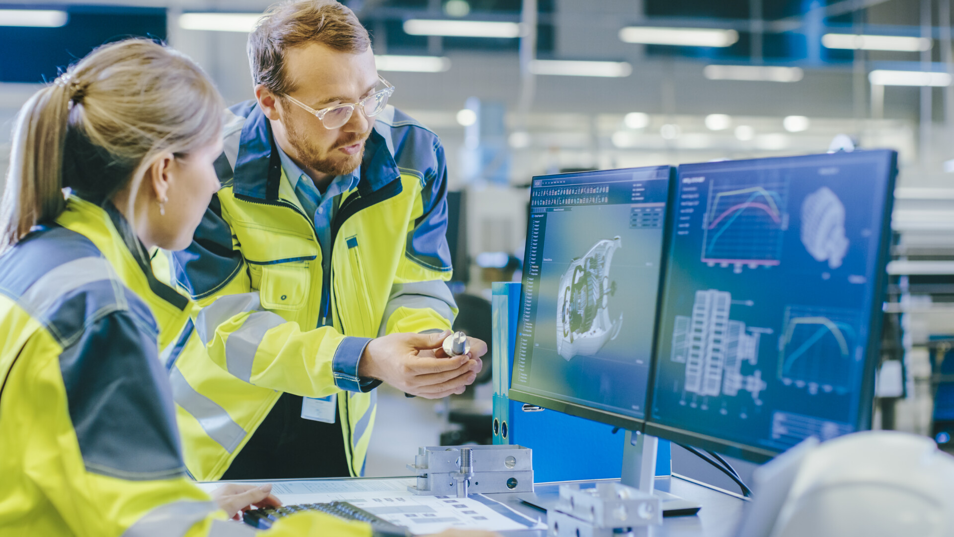 Kaksi insinööriä, joilla on huomioväriset turvaliivit, tarkastelevat metalliosaa ja käyvät samalla läpi teknisiä 3D-CAD-malleja kahden tietokoneen näytöiltä.