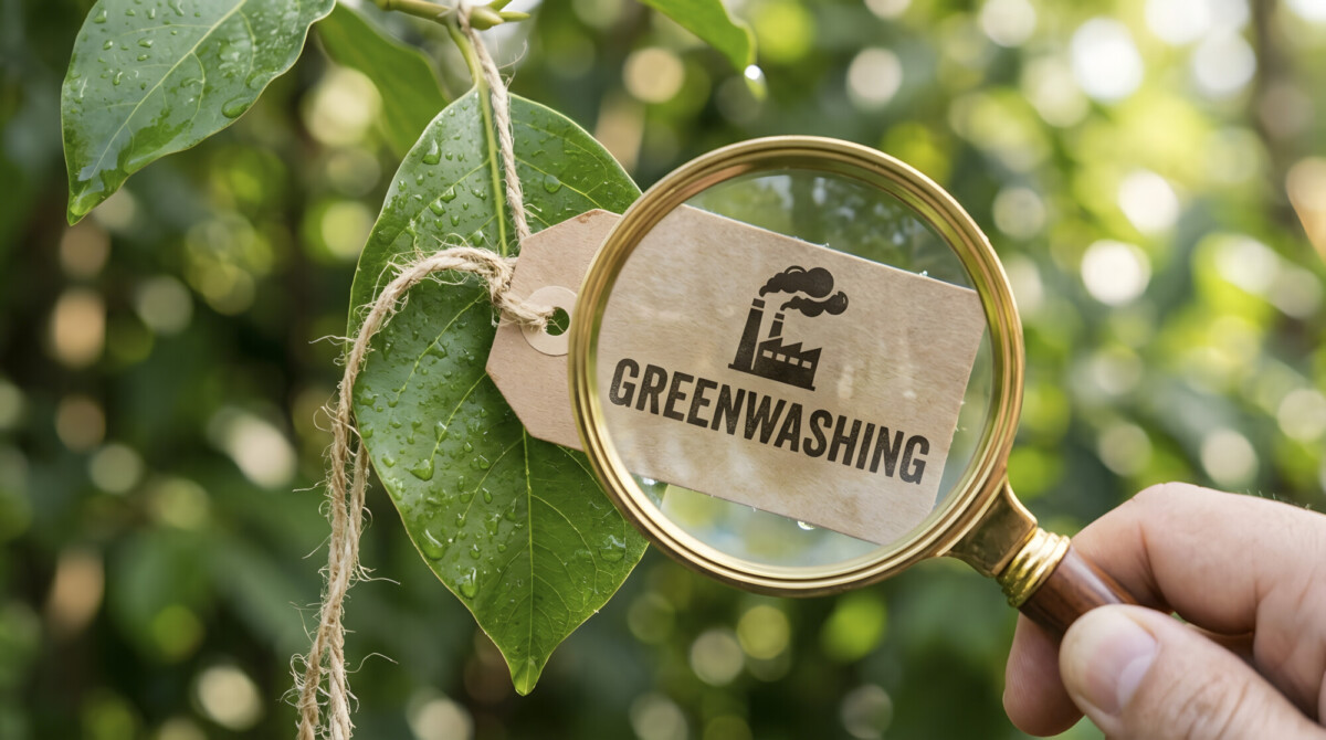 Suurennuslasi, joka on kohdistettu märän lehden päälle kiinnitetyn paperilapun päälle, jossa lukee teksti GREENWASHING ja on kuvake savuavasta tehtaasta.