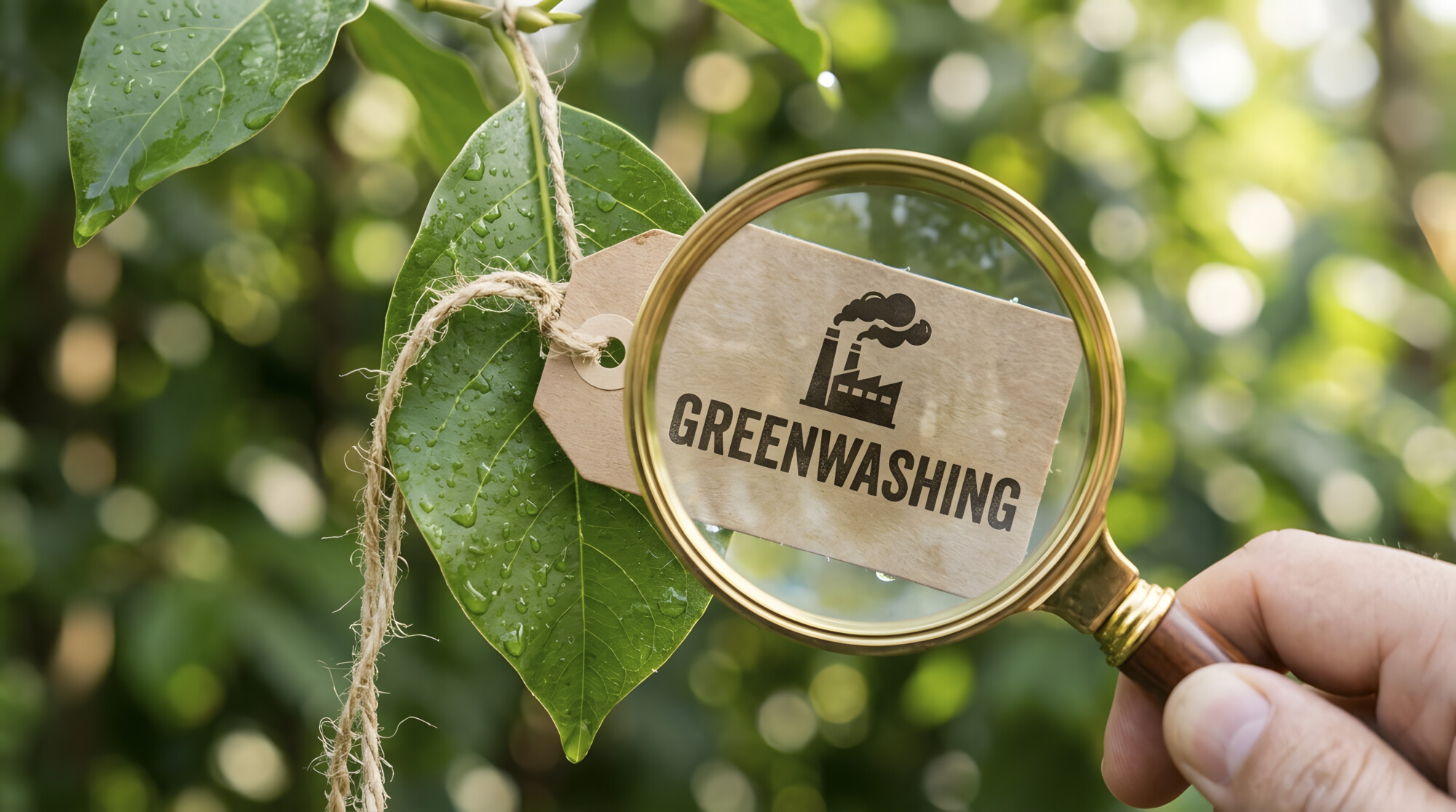 Suurennuslasi, joka on kohdistettu märän lehden päälle kiinnitetyn paperilapun päälle, jossa lukee teksti GREENWASHING ja on kuvake savuavasta tehtaasta.