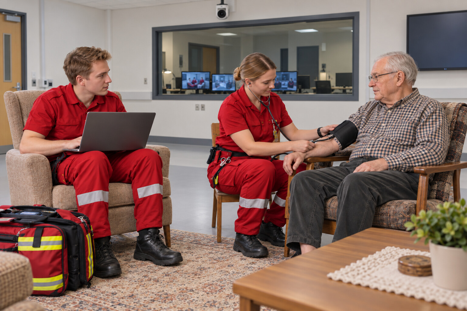 Ensihoitaja mittaa iäkkään miehen verenpainetta, kun taas toinen ensihoitaja istuu vieressä kannettavan tietokoneen ääressä.