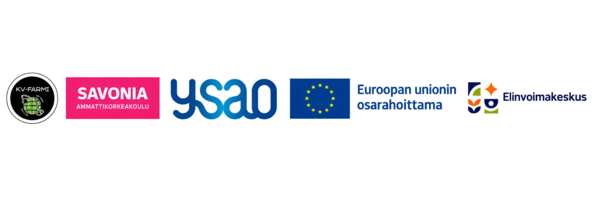 KV-Farmi-, Savonia-ammattikorkeakoulu-, YSAO-, Euroopan unionin ja Elinvoimakeskuksen logot.
