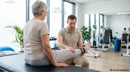 Fysioterapeutti auttaa iäkkäämpää naista jalkaharjoituksen tekemisessä kuntosalilla.