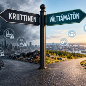 Tienhaaraan sijoitettu liikennemerkki: vasemmalla oleva polku on myrskyinen ja siinä lukee KRIITTINEN, kun taas oikealla oleva polku on aurinkoinen ja siinä lukee VÄLTTÄMÄTÖN; molemmissa on erilaisia teollisuuteen ja yhteiskuntaan liittyviä kuvakkeita.