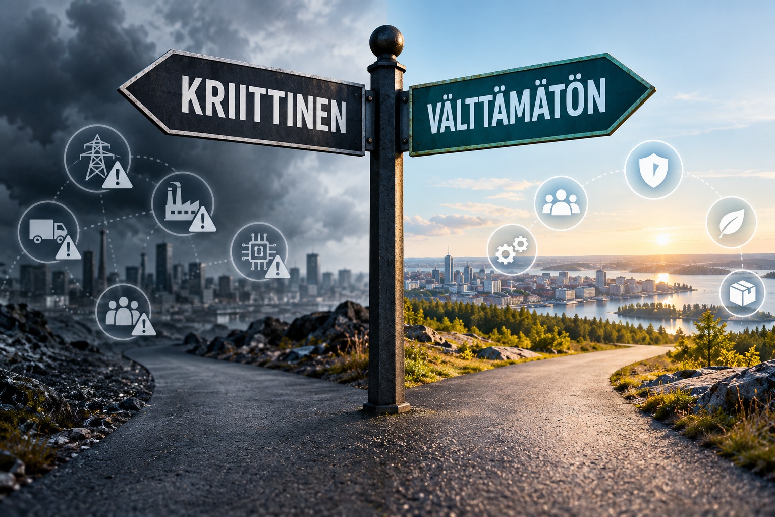 Tienhaaraan sijoitettu liikennemerkki: vasemmalla oleva polku on myrskyinen ja siinä lukee KRIITTINEN, kun taas oikealla oleva polku on aurinkoinen ja siinä lukee VÄLTTÄMÄTÖN; molemmissa on erilaisia teollisuuteen ja yhteiskuntaan liittyviä kuvakkeita.
